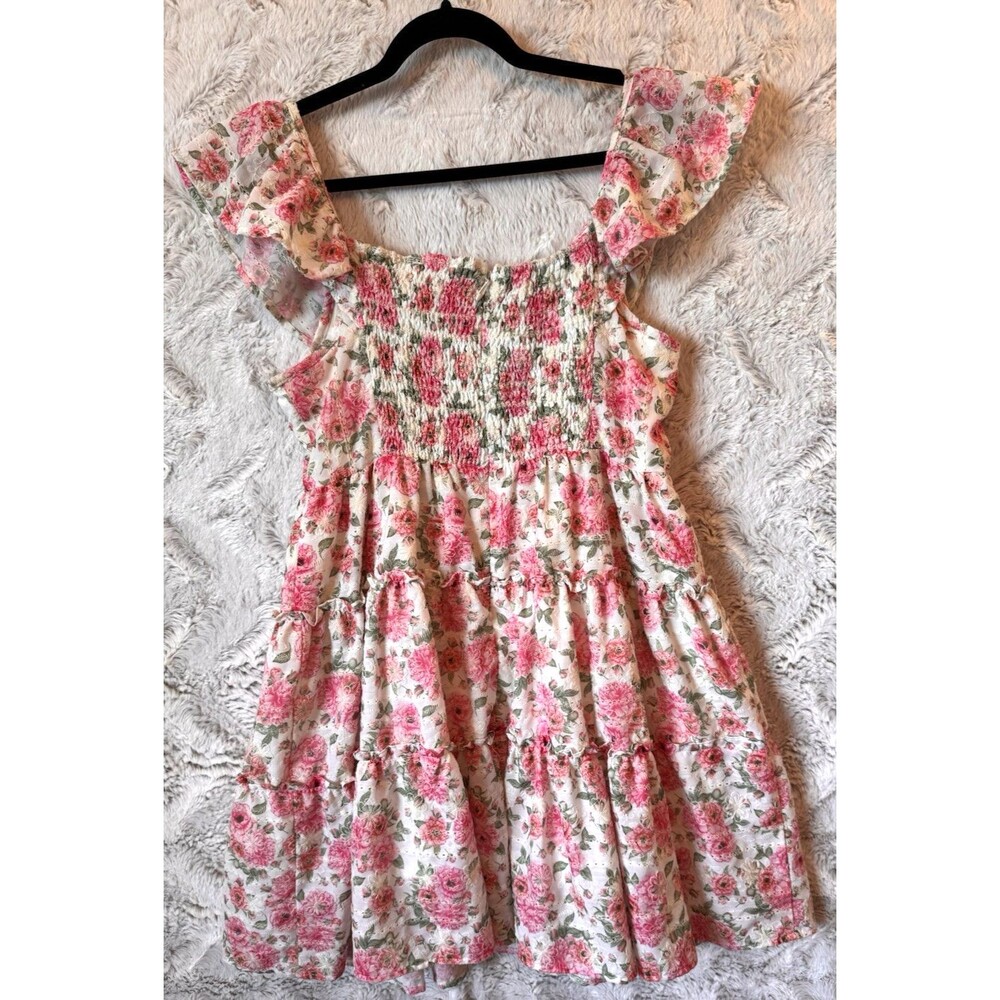 Just Me Dress Size Large Mini Floral Pink Lined Cottagecore Flutter Sleeve - Picture 10 of 16